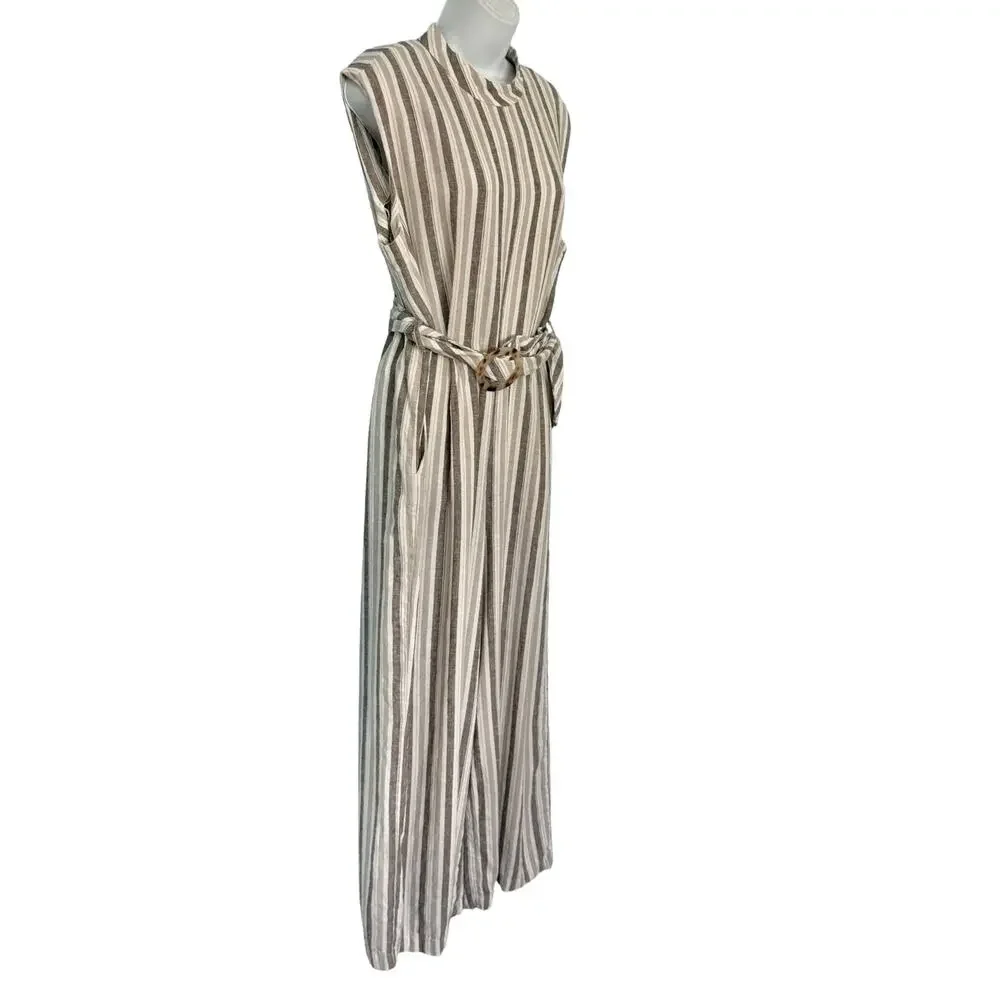 Calvin Klein White Beige Mock Neck Pinstripe Linen Blend Cropped Jumpsuit sz 12 - Picture 10 of 16
